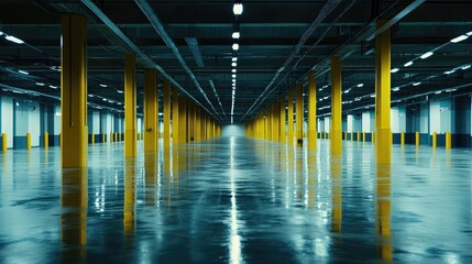 Brightly lit empty parking facility punctuated by yellow vertical columns and sharp outlines