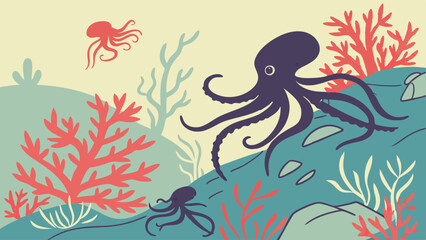 Colorful Simple Flat Illustration Underwater Scene with Three Octopuses Red Coral Blue Water Marine Life Art