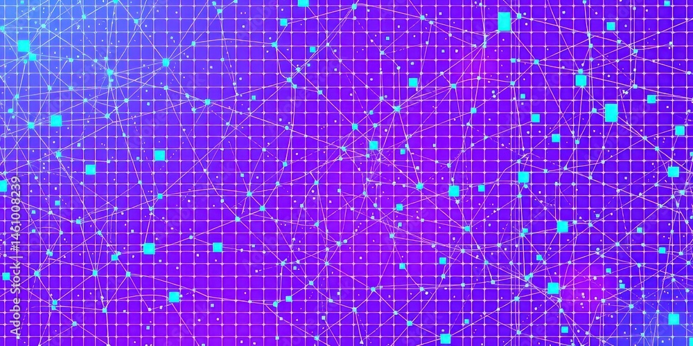 Poster abstract network grid interconnected nodes and lines on vibrant purple background
