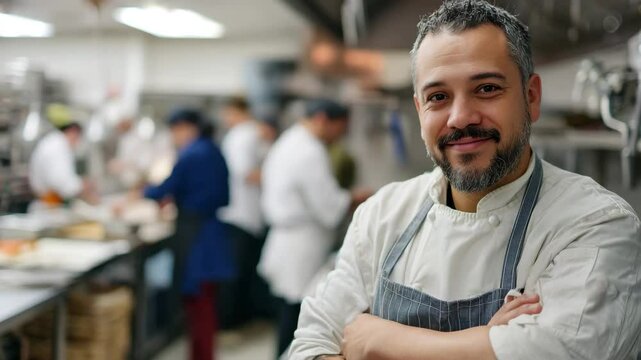A skilled chef stands confidently in a busy restaurant kitchen, showcasing dedication to culinary art while surrounded by a team and vibrant food preparation.