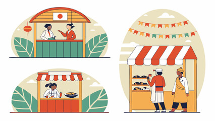 Obraz premium Illustrated Scene of Busy Food Stalls and Vendors at a Global Street Food Market or Cultural Festival