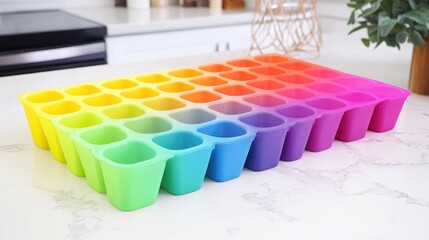 Colorful silicone mold trays neatly arranged on a white kitchen counter