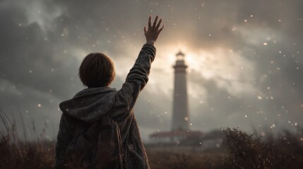 A person reaching toward a distant lighthouse in a dramatic sky.