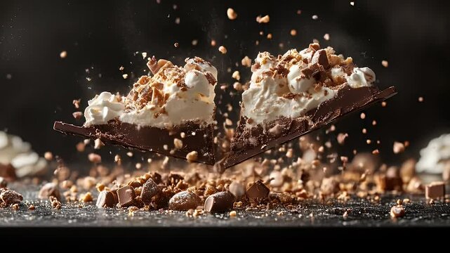 Chocolate Dessert with Cream and Toppings Exploding on a Black Background