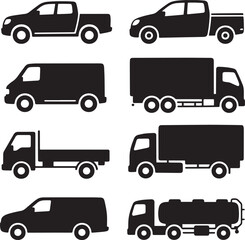 Silhouette Set of Commercial and Utility Vehicles Icons – Pickup, Van, Truck, Tanke