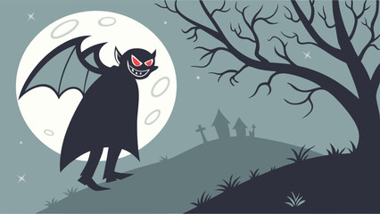 Spooky Cartoon Vampire with Bat Wings Red Eyes in Graveyard Under Full Moon Halloween Night Illustration