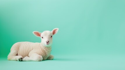 Adorable lamb on teal background. Copy space