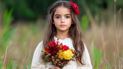 Fototapeta premium Young girl holding a bouquet of colorful flowers in a field