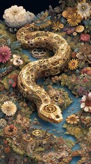 Intricate, detailed,  mechanical snake within a floral landscape.