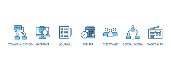 Public relations  banner web icon vector illustration concept with icon of communication, internet, journal, events, radio, tv, social media, and customer