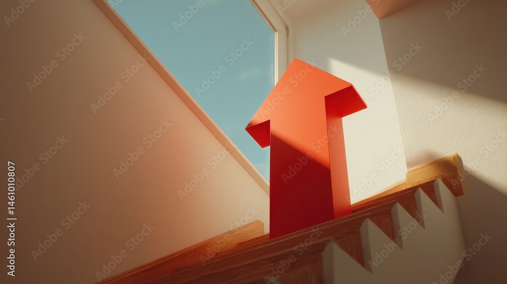 Poster a large red arrow points upward on a staircase toward a bright window, symbolizing progress and aspi