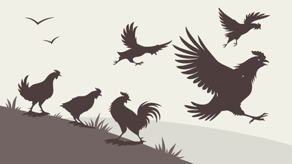 Obraz premium Brown silhouette illustration of farm chickens a running rooster and flying birds on a grassy hill