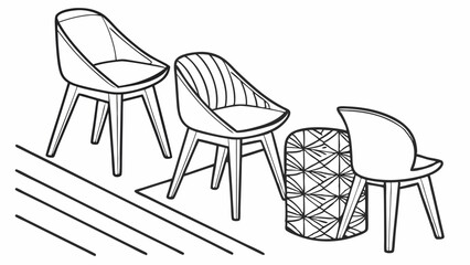 Modern Mid Century Furniture Sketch Black White Line Drawing Chairs Stool