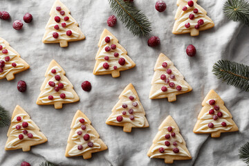 Fototapeta premium Festive holiday cookies shaped like Christmas trees with cranberry and cream frosting on a linen tablecloth