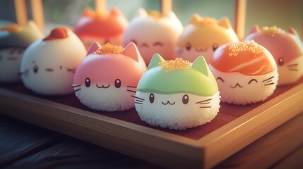 Kawaii sushi cats with pastel rice bodies and fish toppings resting on a wooden tray in soft lighting