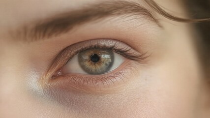 Obraz premium A close-up shot reveals a woman's captivating green eye with subtle makeup and soft lighting creating a beautiful and intimate portrait.
