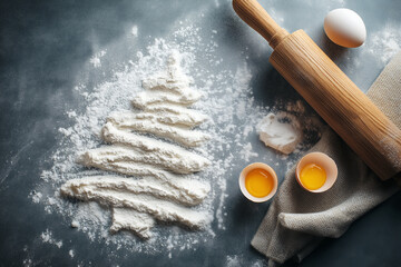 Baking holiday cookies with flour shaped like a Christmas tree and fresh eggs on a kitchen countertop