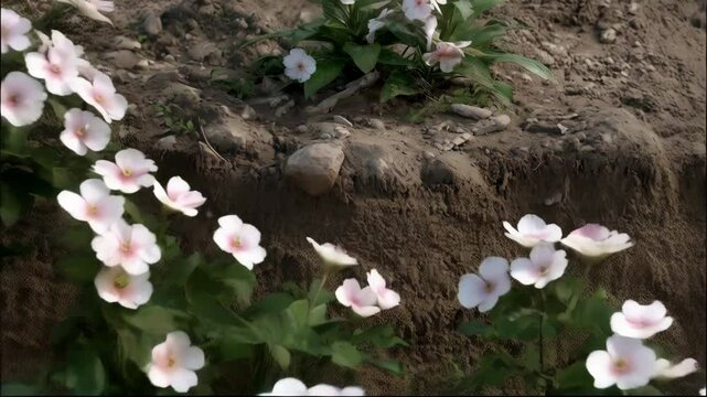 Close-up of a blooming vinca plant with pink and white petals, green leaves, and small rocks on a mound of rich soil in an outdoor environment.