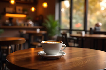 cozy cafe with warm decoration and a beautifully brewed cup of coffee, creating a welcoming atmosphere 