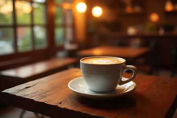 Obraz premium cozy cafe with warm decoration and a beautifully brewed cup of coffee, creating a welcoming atmosphere 