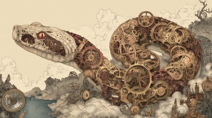 Fototapeta premium Intricate serpent design interwoven with mechanical gears.