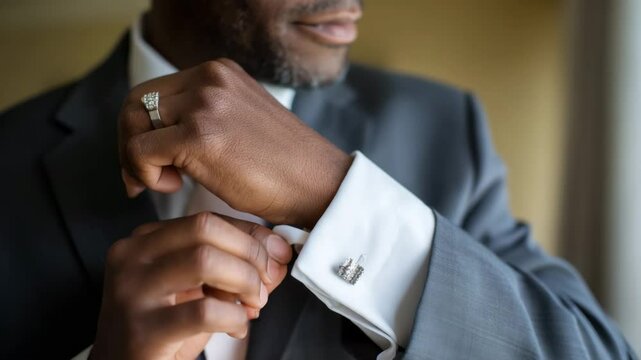 A dapper man dressed in a tailored suit adjusts his cufflinks, illustrating sophistication and attention to detail in formal attire for special occasions or professional settings.