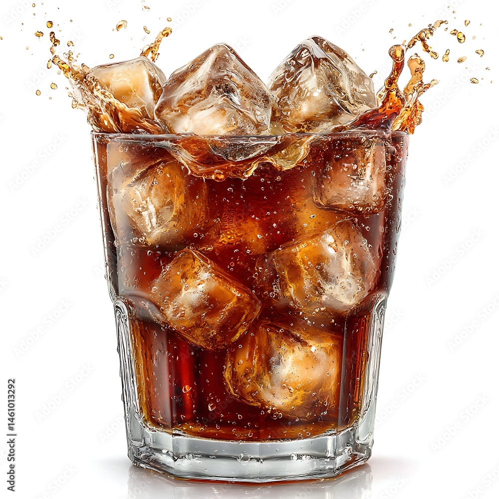 Poster refreshing burst of flavor: a close-up shot captures the invigorating moment of ice cubes splashing 