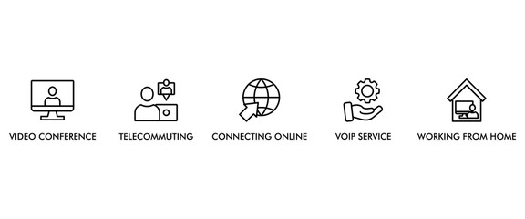 Remote working banner web icon vector illustration concept for working at home with icon of video conference, telecommuting, connecting online, voip, and working from home