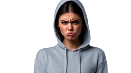 Frowning female in hoodie with annoyed expression, cut out transparent