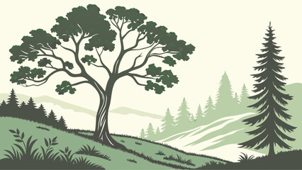 Scenic Vintage Green Forest Landscape Illustration with Trees Hills and Distant Mountains