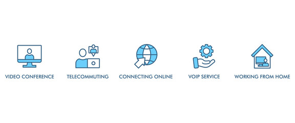 Remote working banner web icon vector illustration concept for working at home with icon of video conference, telecommuting, connecting online, voip, and working from home