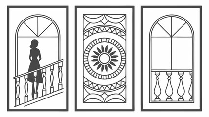 Black White Line Art Set Arched Windows Balconies Decorative Sun Panel Woman Illustration