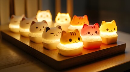 Kawaii sushi cats with rice and fish toppings on a wooden tray illuminated by soft lighting