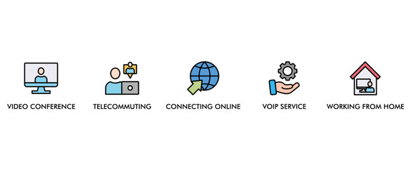 Remote working banner web icon vector illustration concept for working at home with icon of video conference, telecommuting, connecting online, voip, and working from home
