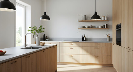 Fototapeta premium Modern Kitchen Interior With Wood Accents and Natural Light