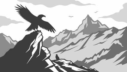 Obraz premium Majestic Eagle Perched on Rocky Mountain Peak - Dramatic Black and White Wilderness Illustration