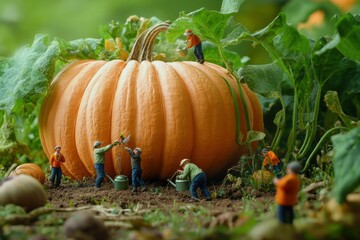 Obraz premium Tiny gardeners tending to giant pumpkin in field. Agriculture, harvest, nature care, surreal farming, teamwork, organic food, miniature world. selective focus 