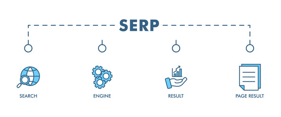 SERP banner web icon vector illustration concept for search engine result page with icon of web search, computer, search engine, mobile search, page result, and statistics graph