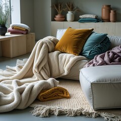 Generative AI, Cozy Modern Living Room with Plush Throws and Pillows