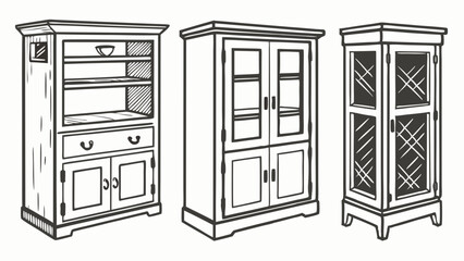 Sketch Illustration of Three Furniture Cabinets hutch china and curio styles