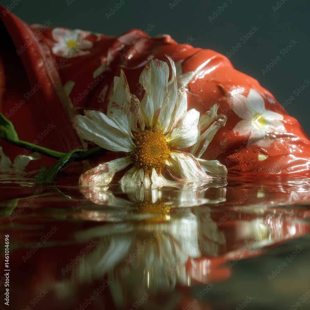 Poster close-up of a flower and a red container reflecting in water.