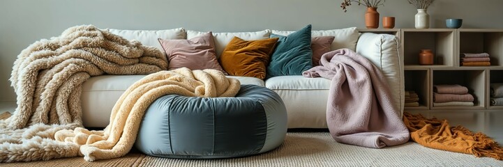Generative AI, Cozy Modern Living Room with Plush Throws and Pillows
