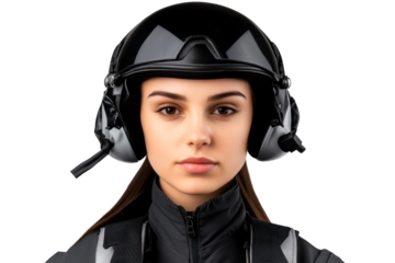 Portrait young woman wearing pilot helmet, cut out transparent