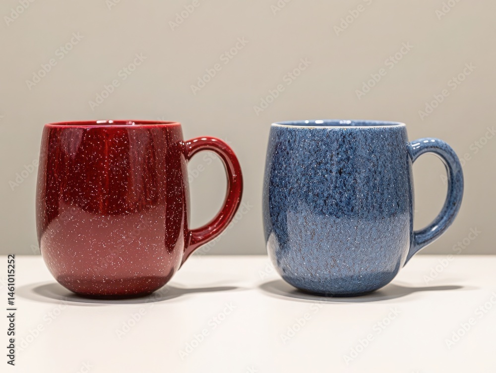 Poster two mugs standing side by side on a surface in a studio setting