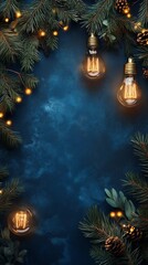 Vintage Edison bulbs with pine branches in night sky, minimalist watercolor vertical frame