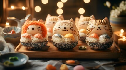 Fototapeta premium Playful sushi cats with rice bodies and pastel fish toppings on a wooden tray surrounded by soft lighting