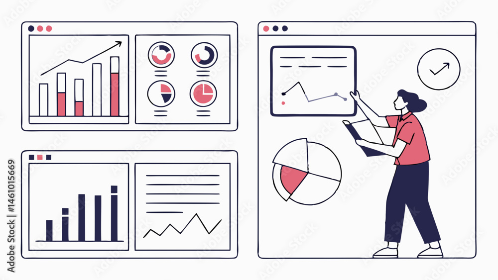 Poster flat line art illustration business data analysis reporting dashboard with charts graphs and person 