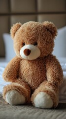 Obraz premium Fluffy brown teddy bear seated on a bed.
