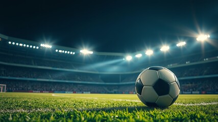 Naklejka premium A classic soccer ball rests on the freshly cut grass of a brightly lit stadium at night ready for the big game.