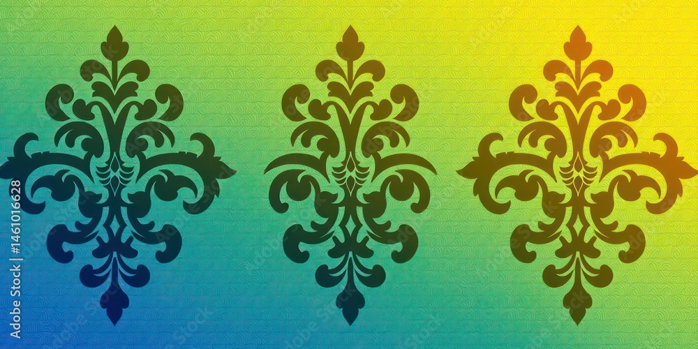 Poster elegant damask pattern design on gradient background with three ornate motifs